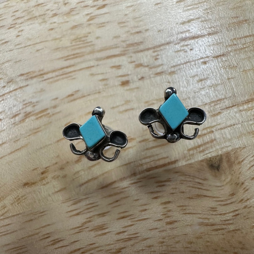 Vintage Southwestern Turquoise Diamond Stud‎ Earrings Sterling Silver Scrollwork